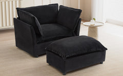 Modern Armchair Sofa 47' Cozy Upholstered Sofa Chair with Movable Ottoman, Black Chenille, Wide Seat & Curved Armrests