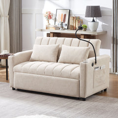 Convertible Sofa Bed Loveseat with USB Ports, Side Pockets, Cup Holders, Swivel Phone Holder, Beige, Bella Fabric
