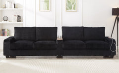 Modern 4-Seater Corduroy Sofa Couch with USB Ports and Hidden Storage in Black