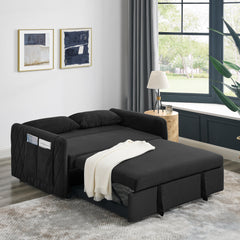 55' Modern Convertible Sofa Bed with 2 Detachable Arm Pockets, Velvet Loveseat Sofa with Pull Out Bed, 2 Pillows and Living Room Adjustable Backrest, Grid Design Armrests