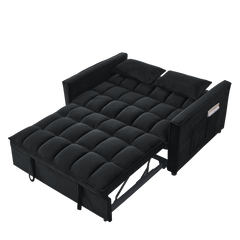 Sleeper Sofa, Convertible Sofa, Recliner, Bed, 3-in-1, 3-Position Adjustable Backrest, 2-Seater Sectional, Two Side Pockets, 2 Pillows for Living Room, Apartment, etc., Velvet Black 54' Wide.