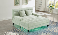 Modern Chaise Lounge Sofa Bed with Adjustable Backrest and LED Light Strip, Green Chenille Upholstered, 57.1 Inches
