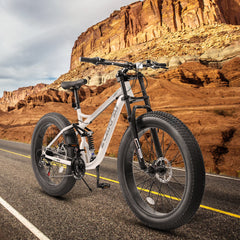 A26309 26 inch Mountain Bike,Full-Suspension 21 Speeds Drivetrain with Disc-Brake MTB Bicycle, 26*4' Fat tire Bike for Men white