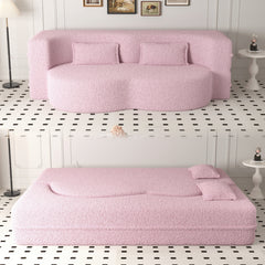 Modern Floor Sofa with 2 Pillows,Convertible Teddy Fabric Foam Filled Sleeper Sofa Bed,15 ' Full Size Folding Mattress for Living Room,Guest Bed,Playroom,No Assembly Required,Pink