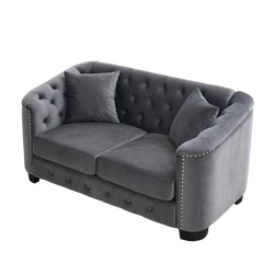 59-Inch Modern Chesterfield Velvet Sofa, 2-Seater Sofa, Upholstered Tufted Backrests with Nailhead Arms and 2 Cushions for Living Room, Bedroom, Apartment, Office (Grey)