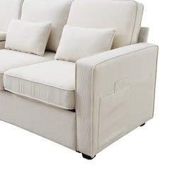 [VIDEO provided] [New] 114.2' Upholstered Sofa with Console, 2 Cupholders and 2 USB Ports Wired or Wirelessly Charged, Modern Linen Fabric Couches with 4 Pillows for Living Room, Apartment (4-Seat)