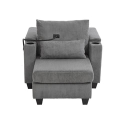 Convertible Chaise Lounge Sofa Chair Corduroy Sleeper with USB Ports, Cup Holders, Storage, Grey