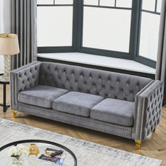 {Contact us for 3D modeling}  Velvet Sofa for Living Room,Buttons Tufted Square Arm Couch, Modern Couch Upholstered Button and Metal Legs, Sofa Couch for Bedroom, Grey Velvet(W834S00020)