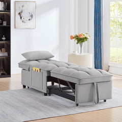 4 in1 Multi-Function Single Sofa Bed with Storage Pockets,Tufted Single Pull-out Sofa Bed with Adjustable Backrest and Pillows ,Convertible  Chaise Lounge,Gray