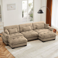 Modern U Shape Modular Sectional Sofa Couch with Movable Ottomans, Camel Velvet, Convertible L Shaped Living Room Sofa