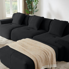 Modern L-Shaped Modular Sectional Sofa in Black Corduroy, 113' Oversized 3-Seater with Deep Seat and Movable Ottoman – No Assembly Required