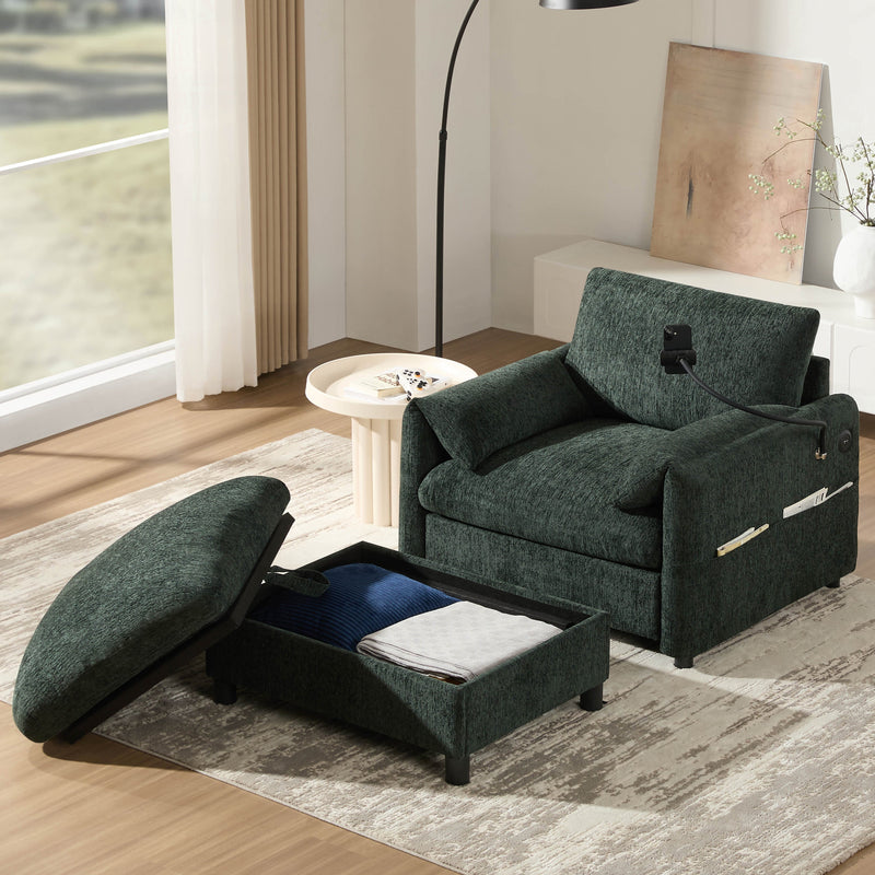 38' Single Sofa with Storage Ottoman, Adjustable Phone Holder, USB Charger, Side Storage Pockets, Pillow-Like Armrests, Wide Seat Chaise Lounge for Living Room&Apartment, Chenille, 4 Colors