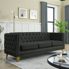 {Contact us for 3D modeling} Velvet Sofa for Living Room,Buttons Tufted Square Arm Couch, Modern Couch Upholstered Button and Metal Legs, Sofa Couch for Bedroom, Black Velvet ,2PCS