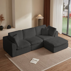 Cloud Sectional Couch for Living Room, Convertible L-Shape Sofa with Ottoman, 3 Seater Modular Design in Gray Chenille Fabric, 110 inches