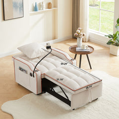 Convertible 3-in-1 Sofa Bed with USB Port and Multi-Pockets in Beige Velvet