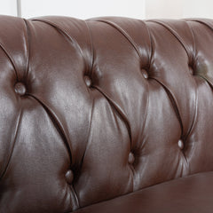 Dark Brown PU Rolled Arm Chesterfield Three Seater Sofa with Solid Wood Frame and Birch Legs