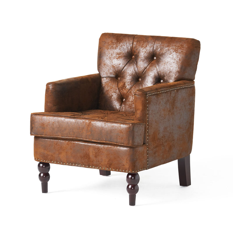 Vitality Club Chair with Button-tufted Diamond Stitching and Turned Legs, Brown