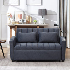 Convertible Sofa Bed Loveseat with USB Ports, Side Pockets, Cup Holders, and Phone Holder in Blue Grey Bella Fabric, 55.9'