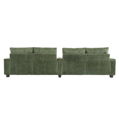 Modern 4-Seater Corduroy Sofa with USB Ports, Hidden Storage Arms, Flip-Top Cup Holders, Green, 133'
