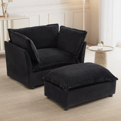 Modern Armchair Sofa 47' Cozy Upholstered Sofa Chair with Movable Ottoman, Black Chenille, Wide Seat & Curved Armrests