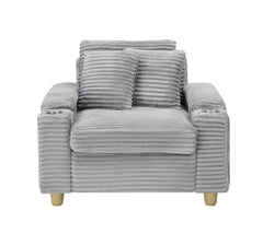 Grey corduroy single sofa with one pillow, two throw pillows, a footstool and two storage Spaces.