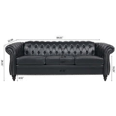 84.65' BLACK PU Rolled Arm Chesterfield Three Seater Sofa.