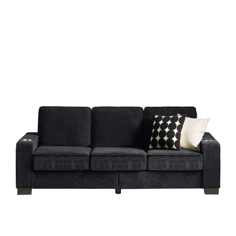 Modern Corduroy Fabric Sofa, 3-Seater Compressed Couch with Cup Holders, Black, 84.25'