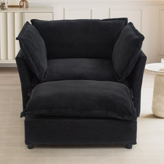 Modern Armchair Sofa 47' Cozy Upholstered Sofa Chair with Movable Ottoman, Black Chenille, Wide Seat & Curved Armrests