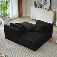 Compressible double chaise lounge with cupholders - No Assembly Required, Fluffy Modern Sleeper Loveseat for Indoor Living Room Bedroom Reading