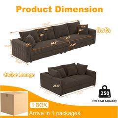 102.4 'Plush Corduroy 4-Seat Sofa,Modern Comfy Upholstered Sofa Cloud Couch,Deep Seat Couches with Soft Pillows and Movable Ottoman,Convertible Sofa Lounge Chair,for Living Room,Apartment,Office,Camel