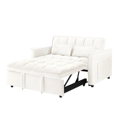 55.1-inch 3-in-1 convertible sofa bed, modern velvet double sofa Futon sofa bed with adjustable back, storage bag and pillow, for living room, bedroom (Off white)