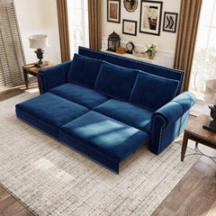 93.7 ' King Pull Out Sofa Bed, Chesterfield Sofa, 3-in-1 Velvet Convertible Sleeper Sofa with Nailhead Trim & Rolled Arm, Multi-Functional Sofa Bed for Living Room, Bedroom, Apartment, Office, Blue