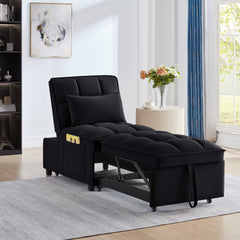 4 in1 Multi-Function Single Sofa Bed with Storage Pockets,Tufted Single Pull-out Sofa Bed with Adjustable Backrest and Pillows ,Convertible  Chaise Lounge,Black