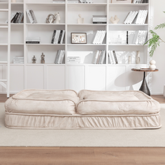 Upholstered Human Dog Bed for Adults and Pets - Bean Bag Floor Sofa with Massage Pillow, 5 Adjustable Positions & 2 Soft Pillows - Beige Velvet with Foam and Iron - Plastic Frame