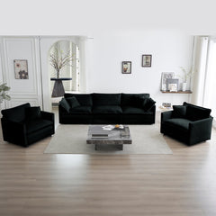 Sofa Set of 3, 1+1+3 Seats Living Room Sofa Set, Accent Chair, Loveseat, and Three-Seat Sofa Modern Style Round Arms 3 Piece Sofa Set, Black Chenille
