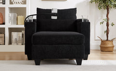 Convertible Chaise Lounge Sofa Chair Bed with USB Ports, Cup Holders & Storage, Black Corduroy, 37.4'