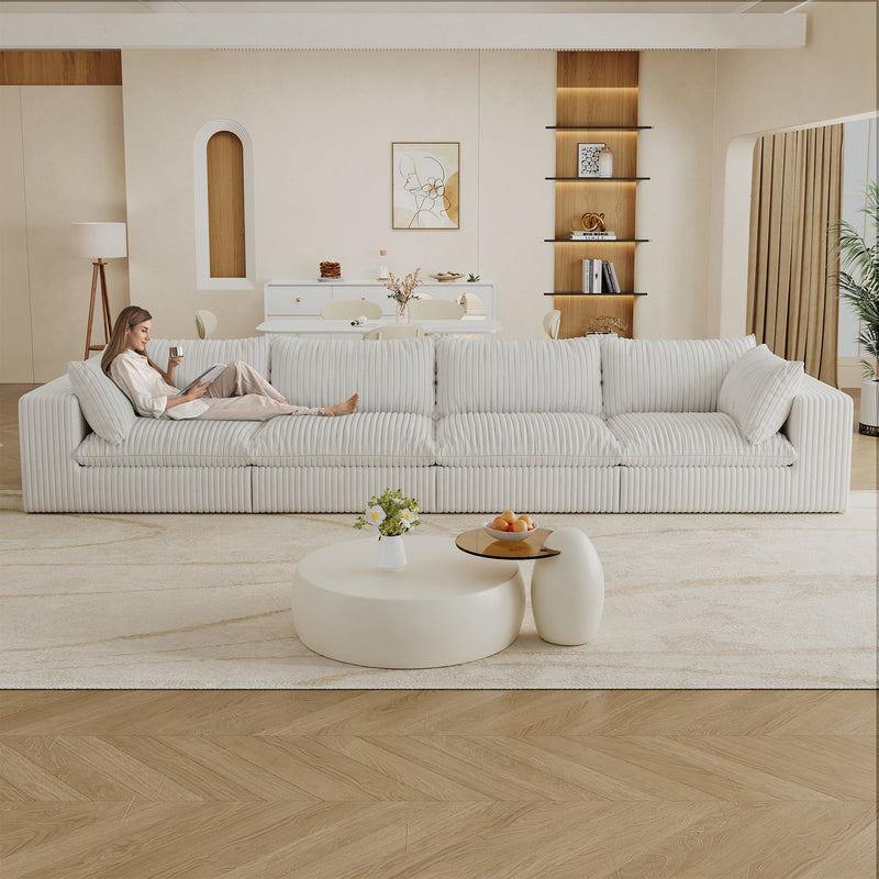 157.6'Cloud Sofa,Corduroy Fabric,Deep Seat Couches,Double-layer design,Removable  Cushion,No Assembly,DIY Combination for Living room, Bedroom,Conference room ,Apartment,White