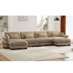 Modern Velvet U Shaped Sectional Sofa Cloud Couch with Movable Ottomans and Bolstered Armrests in Camel