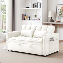 55.1-inch 3-in-1 convertible sofa bed, modern velvet double sofa Futon sofa bed with adjustable back, storage bag and pillow, for living room, bedroom (Off white)