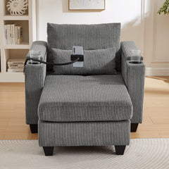 Convertible Chaise Lounge Sofa Chair Corduroy Sleeper with USB Ports, Cup Holders, Storage, Grey