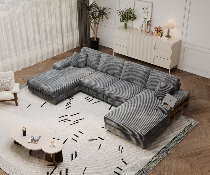 Convertible U-shaped Combination Sofa, Corduroy Fabric, Modern Comfortable Large Size 4 Seat Sofa, Living Room Double Lounge Chair , Dark Grey