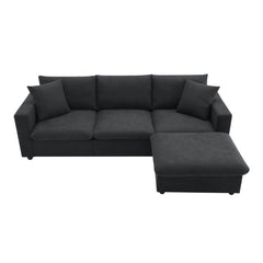 Modern Sectional Sofa with Convertible Ottoman and 2 Free Pillows, L-shaped 4-Seat Polyester Fabric Couch Set, Black
