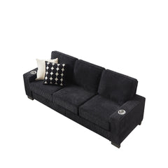 Modern Corduroy Fabric Sofa, 3-Seater Compressed Couch with Cup Holders, Black, 84.25'