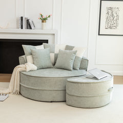 Modern Oversized Blue Round Barrel Accent Chair with Ottoman - Velvet Upholstered Lounge Armchair with 5 Pillows for Living Room or Bedroom