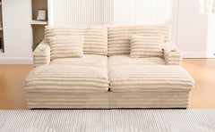Plush Upholstered Oversized Double Chaise Lounge Sofa with USB Ports and Cup Holders, Champagne, Faux Rabbit Fur, 83.5'