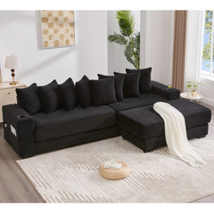 [NEW ARRIVED] [VIDEO PROVIDED] 110.75' Modular L Shaped Sofa, Corduroy Fabric Sectional Couch,With a movable footstool, Cup Holders,Bring 8 throw pillows,Side Pocket,Unfold into a Bed,Black