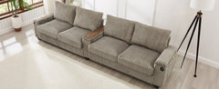 Modern 4-Seater Corduroy Sofa Couch with USB Ports, Hidden Storage Arms, and Flip-Top Cup Holders, Brown, 133 Inches