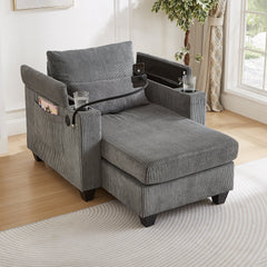 Convertible Chaise Lounge Sofa Chair Corduroy Sleeper with USB Ports, Cup Holders, Storage, Grey