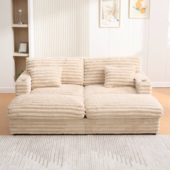 Plush Upholstered Oversized Double Chaise Lounge Sofa with USB Ports and Cup Holders, Champagne, Faux Rabbit Fur, 83.5'