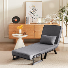 Convertible Folding Chair Bed with Adjustable Backrest and Pillow, Light Grey Linen for Small Spaces